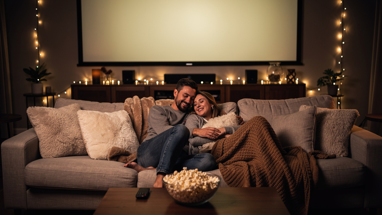 Para oglądająca film w przytulnym domowym kinie