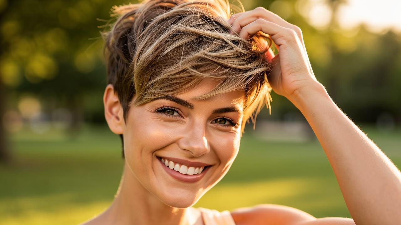 Kobieta stylizująca krótkie włosy pixie