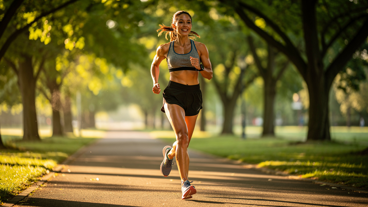 Kobieta uprawiająca jogging w parku o poranku