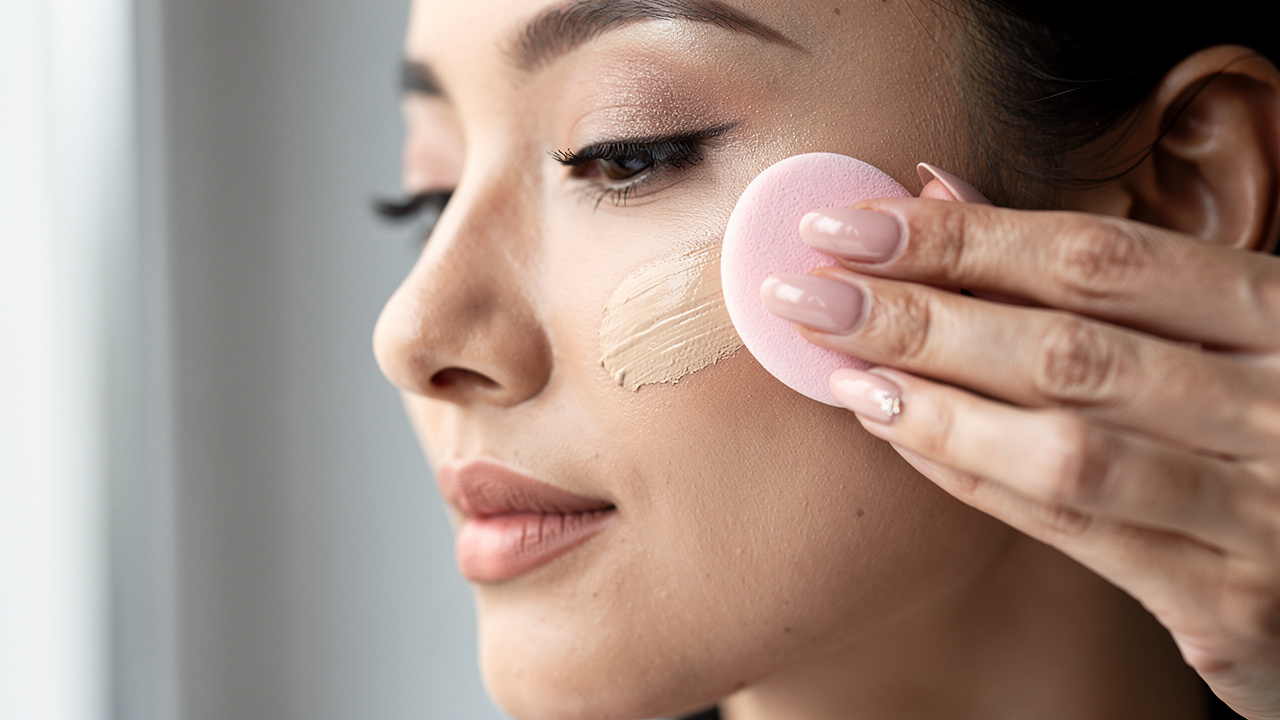 Aplikacja podkładu gąbeczką na twarz kobiety