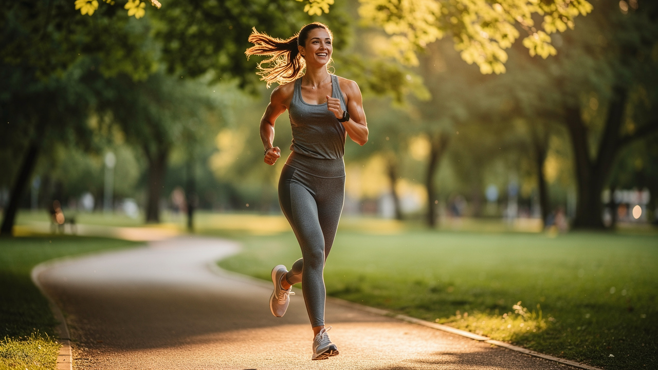 Kobieta biegająca w parku redukująca stres przez ruch