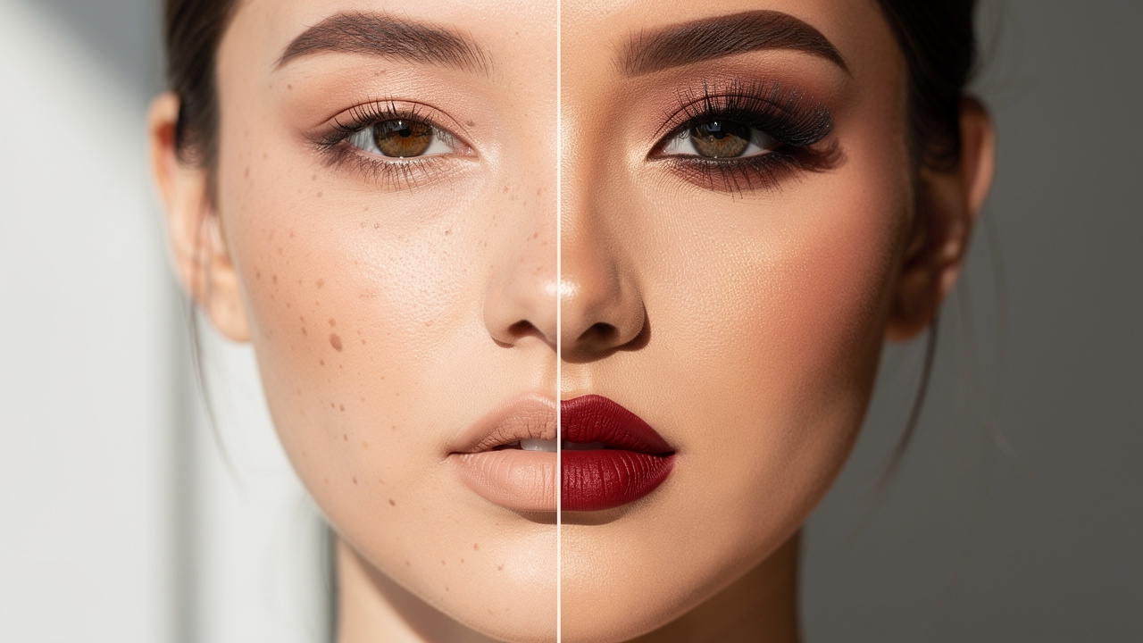 Porównanie makijażu codziennego i fotograficznego na twarzy kobiety