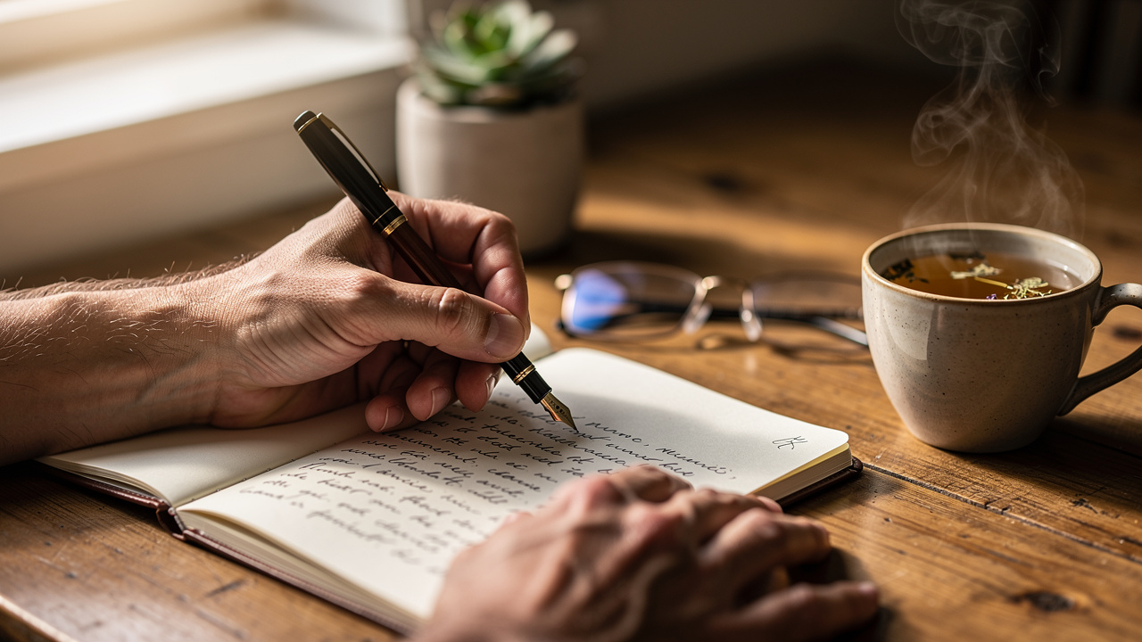 Osoba pisząca w dzienniku praktykując mindfulness